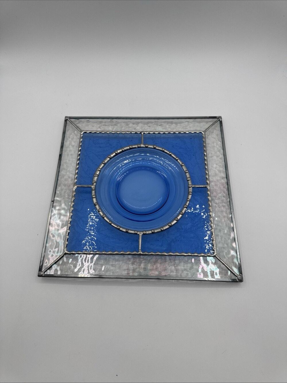 Vintage Stained Glass Pewter Suncatcher Blue Coastal Real Glass 11 X 11”